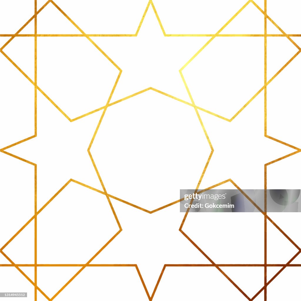 Abstract Geometric Gold Line Art Background. Metallic invitation, brochure or banner with minimalistic geometric style. Lisbon Arabic Geometrical Mosaic, Mediterranean Ornament. Greeting Card Template, Vector Fashion Wallpaper, Poster.