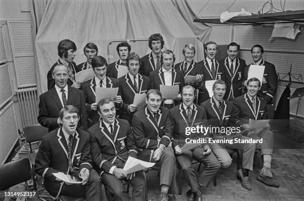 The England/MCC cricket team recording 'The Ashes Song' at the Decca recording studio in London, UK, 19th April 1971. From left to right Alan Ward,...