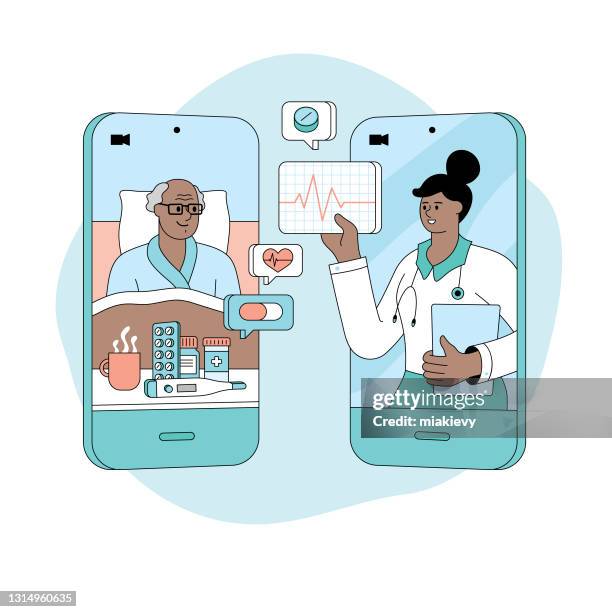 online doctor patient video call - black man tablet stock illustrations