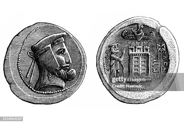 illustrations, cliparts, dessins animés et icônes de pièce d’ardashir i (également orthographié artaxerxès i) de persis, menthe d’istakhr - persian king artaxerxes i