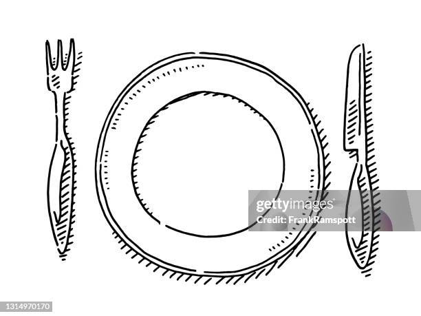 leere platte und messer und gabel zeichnung - leerer teller stock-grafiken, -clipart, -cartoons und -symbole