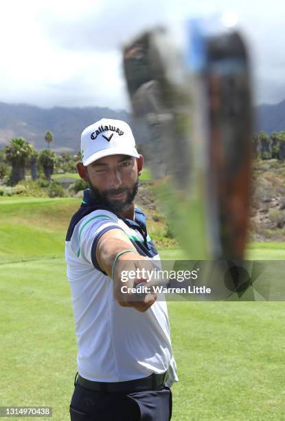 Pablo Larrazabal of Spain jokes around as he plays a practice round ahead of the Tenerife Open at Golf Costa Adeje on April 28, 2021 in Tenerife,...