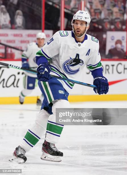 Brandon Sutter of the Vancouver Canucks skates against the Ottawa Senators at Canadian Tire Centre on April 26, 2021 in Ottawa, Ontario, Canada.