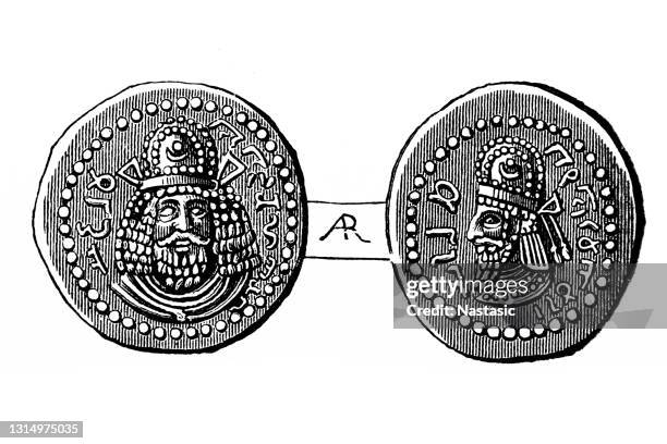 coins of phraataces (phraates v) showing portraits of himself and his father - ancient coin stock illustrations