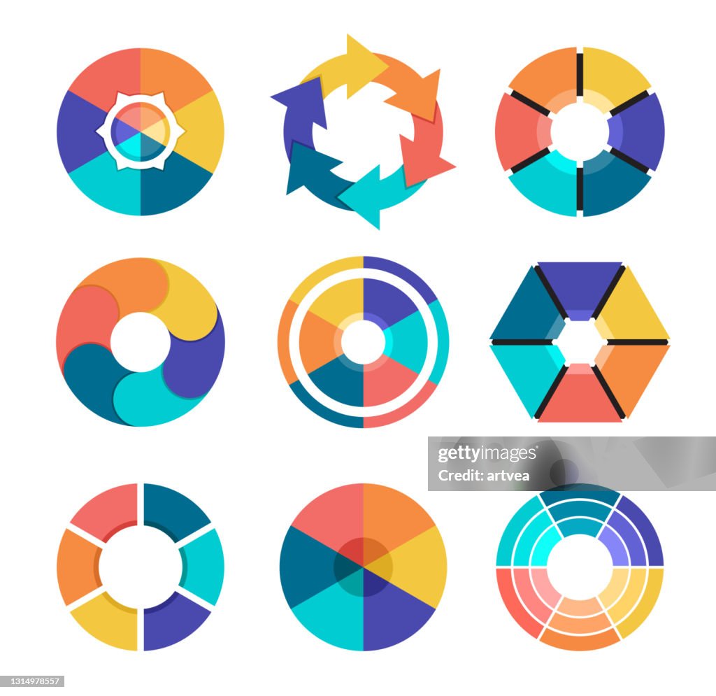 Colorida colección de gráficos circulares con 6 secciones o pasos