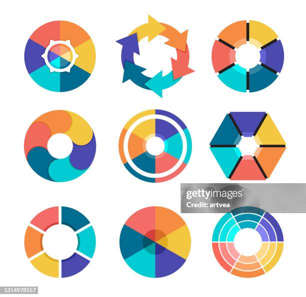 colorful pie chart collection with 6 sections or steps - hubcap stock illustrations