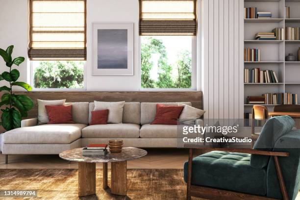 modern living room interior - 3d render - red chair stock pictures, royalty-free photos & images