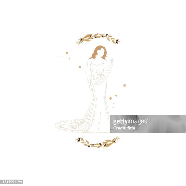 vektor-illustration der schönen braut trägt ein schönes brautkleid. hochzeitseinladungen, olive zweige hintergrund. - wedding dress stock-grafiken, -clipart, -cartoons und -symbole