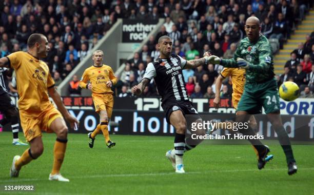 John Heitinga of Everton scores an own goal past team-mate Tim Howard during the Barclays Premier League match between Newcastle United and Everton...