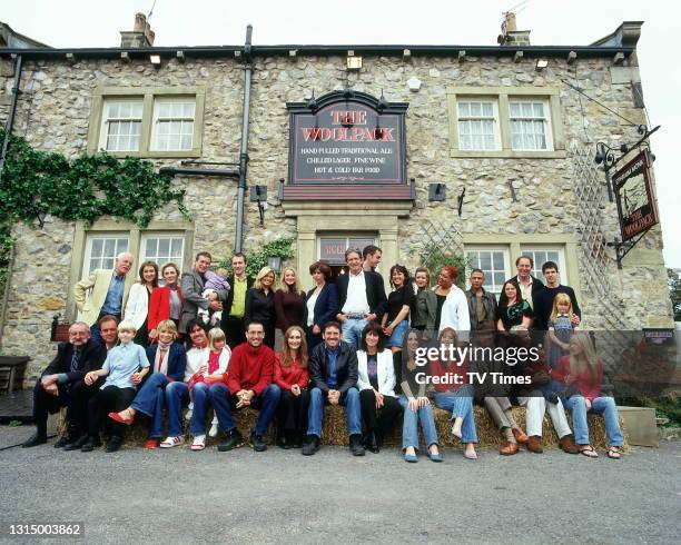 Emmerdale's 30th Anniversary: the entire cast of Emmerdale outside the Woolpack pub, circa 2002.