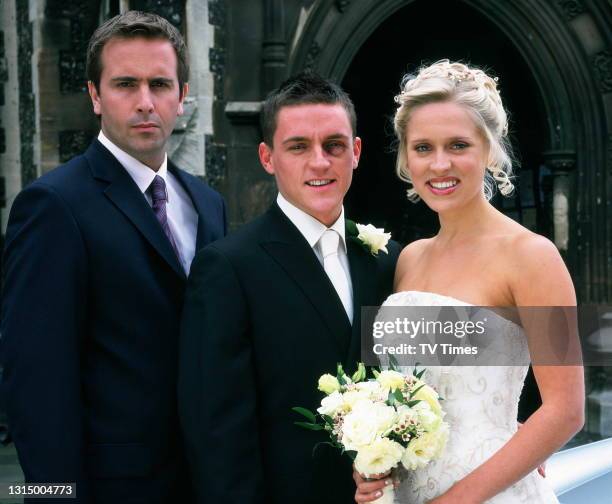 Luke Ashton played by Scott Neal marrying Kerry Young played by Beth Cordingly with Craig Gilmore played by Hywel Simons. ITV police drama, circa...