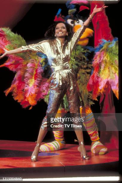 American R&B singer Diana Ross performing her song 'Love Hangover' on the set of The Muppet Show at Elstree Studios, Hertfordshire, circa February...