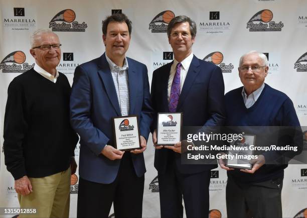 From left is Ed Kuhn with Distinguished Achievement Award recipients, Fred Wittich, Mike Kautter, and George Kugler. At the Reading Berks Basketball...
