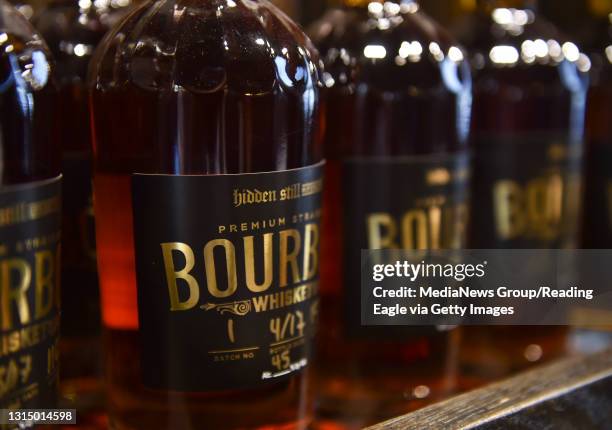Bottles of bourbon from the first batch distilled and aged at Hidden Still Spirits. At Hidden Still Spirits in Lebanon Thursday afternoon April 20,...