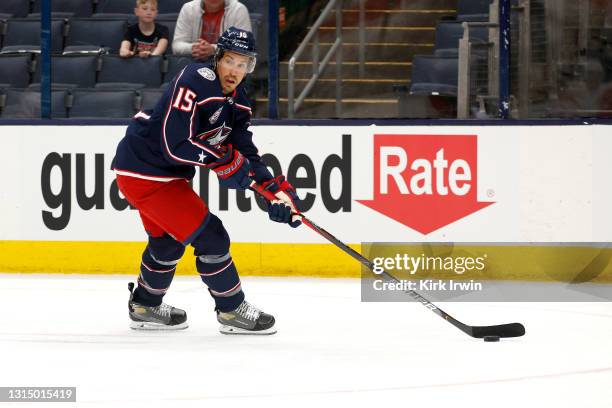 Michael Del Zotto of the Columbus Blue Jackets controls the puck during the game against the Detroit Red Wings at Nationwide Arena on April 27, 2021...