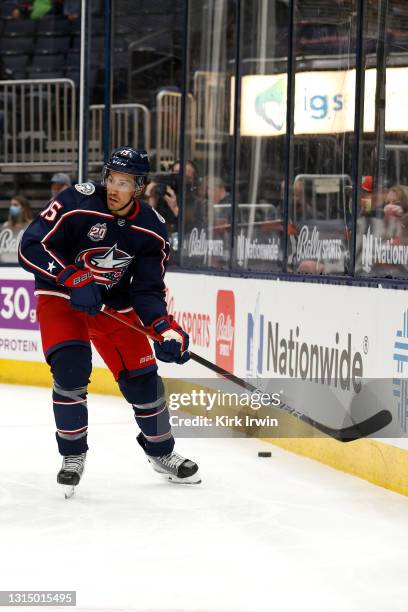 Michael Del Zotto of the Columbus Blue Jackets controls the puck during the game against the Detroit Red Wings at Nationwide Arena on April 27, 2021...