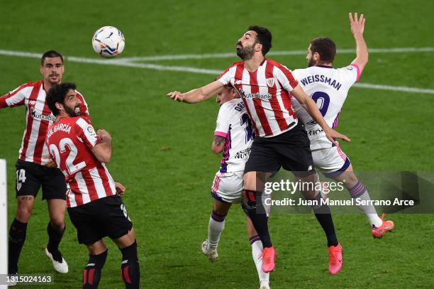 Fabian Orellana of Real Valladolid scores their side's first goal during the La Liga Santander match between Athletic Club and Real Valladolid CF at...