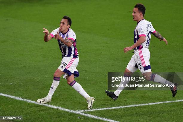 Fabian Orellana of Real Valladolid celebrates after scoring their side's first goal during the La Liga Santander match between Athletic Club and Real...
