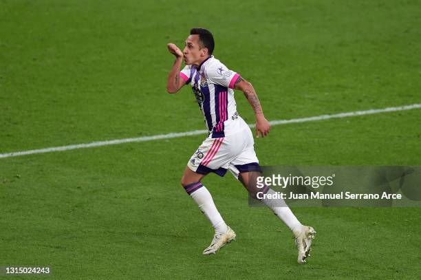 Fabian Orellana of Real Valladolid celebrates after scoring their side's first goal during the La Liga Santander match between Athletic Club and Real...