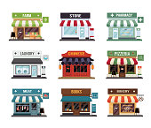 Flat style shop little tiny icon set. Chinese, fram, bakery, pizza, pharmacy, fram, books, butcher's