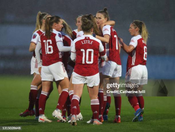 Vivianne Miedema of Arsenal celebrates with Noelle Maritz and Kim Little after scoring their side's first goal during the Barclays FA Women's Super...