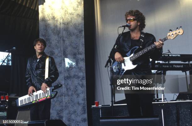 Robert Lamm and Jason Scheff of Chicago perform at Shoreline Amphitheatre on July 10, 1996 in Mountain View, California.