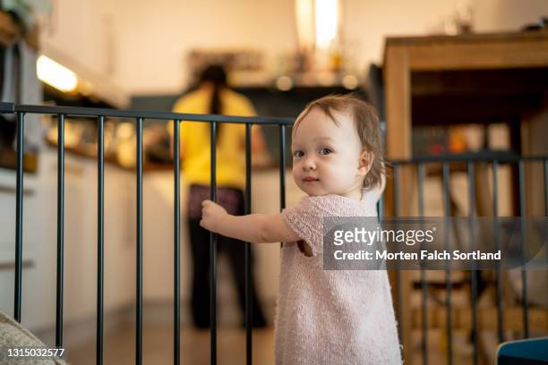 a baby girl looks at the camera in oslo, norway - baby gate stock pictures, royalty-free photos & images