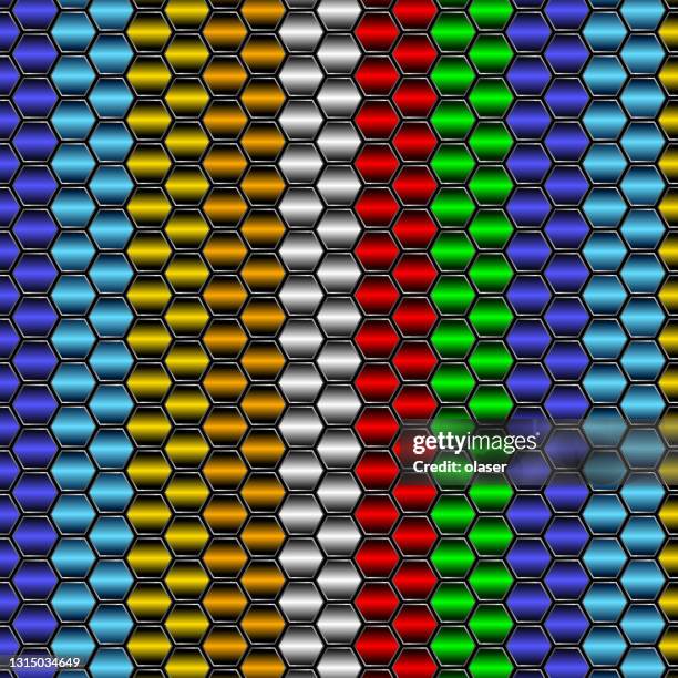 column pattern equal sized shiny hexagons, each with gradient and outline - multiple reflections stock illustrations