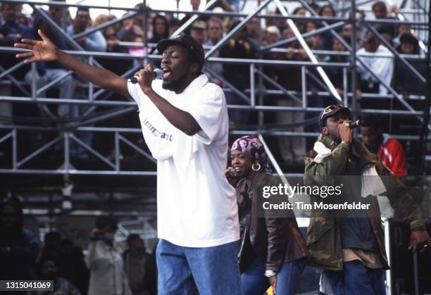 Wyclef Jean, Lauryn Hill, and Pras Michel of Fugees perform during the Tibetan Freedom Concert at the Polo Fields in Golden Gate Park on June 16,...