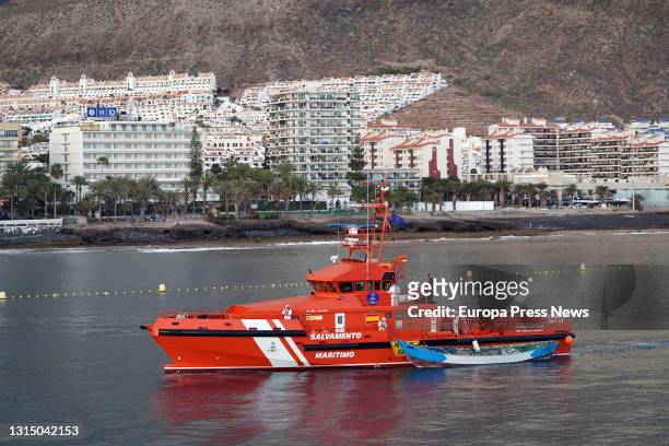 Salvamento Maritimo boat arrives at the Port of Los Cristianos in the south of the island of Tenerife with the bodies of the 17 migrants who died...