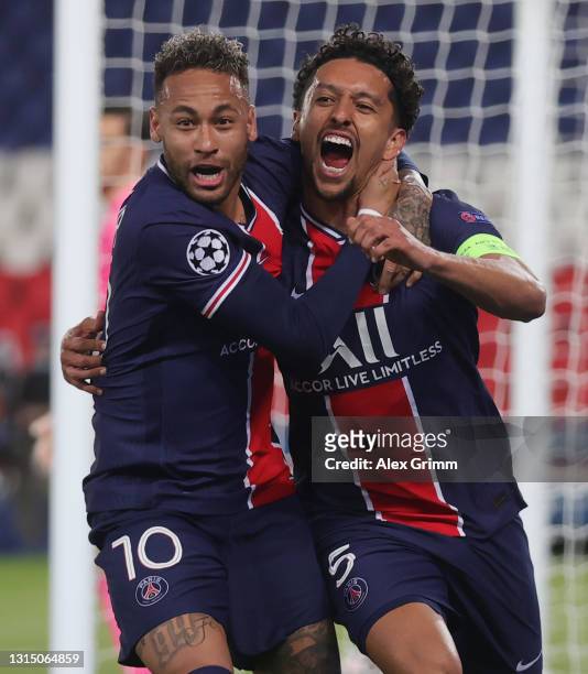Marquinhos of Paris Saint-Germain celebrates with Neymar after scoring their side's first goal during the UEFA Champions League Semi Final First Leg...