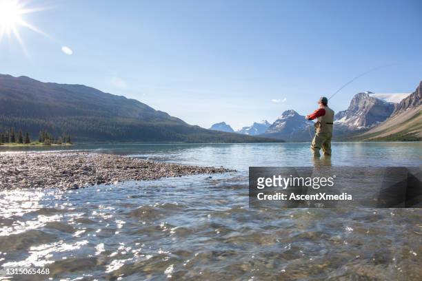homem voa peixes em lago alpino ensolarado pela manhã - pescaria com iscas artificiais - fotografias e filmes do acervo