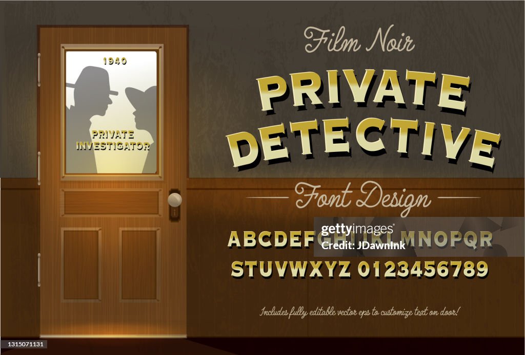 Film Noir Stil Detective oder Private Investigator Tür mit Font Design enthält Großbuchstaben und Zahlen Alphabet gesetzt
