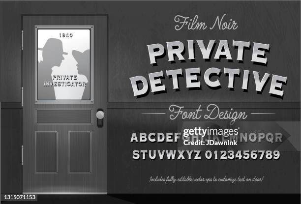 film noir style detective or private investigator door with font design includes capital letters and numbers alphabet set - film noir style stock illustrations