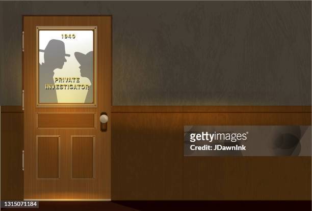 film noir style detective or private investigator office door with text - detective stock illustrations
