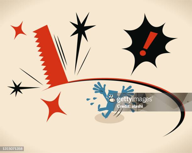 the big saw is cutting the ground from under the blue man's feet - unexpected stock illustrations