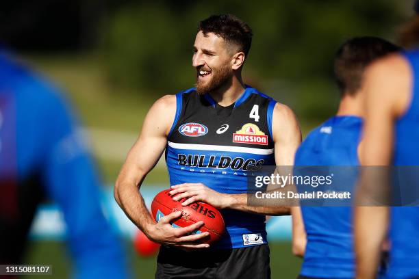 Marcus Bontempelli of the Bulldogs in action during a Western Bulldogs AFL training session at Whitten Oval on April 29, 2021 in Melbourne, Australia.