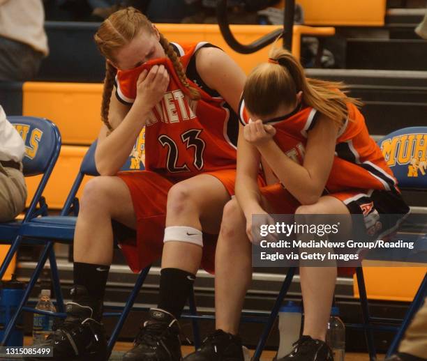 Lauren A. Little February 19, 2005 Antietam vs Living Word GBASK Antietam's Erika Ely and Nicole Ely cry react as their team loses to Living Word...