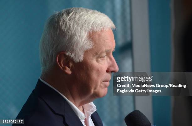 Gov. Tom Corbett is interviewed after a press Q&A. At Penn Square in downtown Lancaster, PA Saturday afternoon July 2014 for "Lancaster's First Swing...