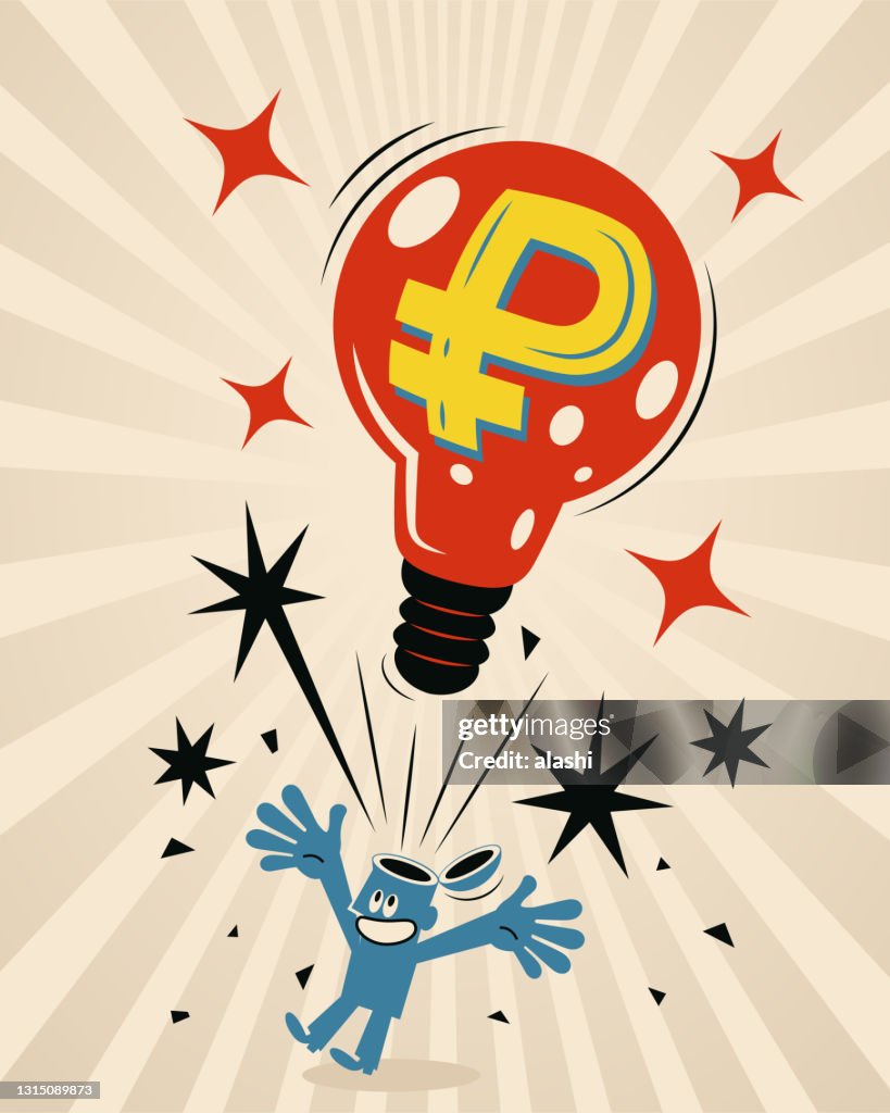 The super great idea (light bulb with Russian Rubles sign) is popping into the blue man’s head (the idea springs to mind)