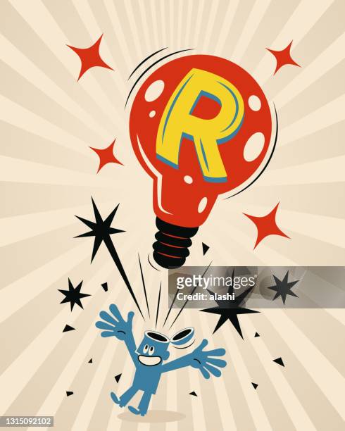 the super great idea (light bulb with south african rand sign) is popping into the blue man’s head (the idea springs to mind) - rand stock illustrations