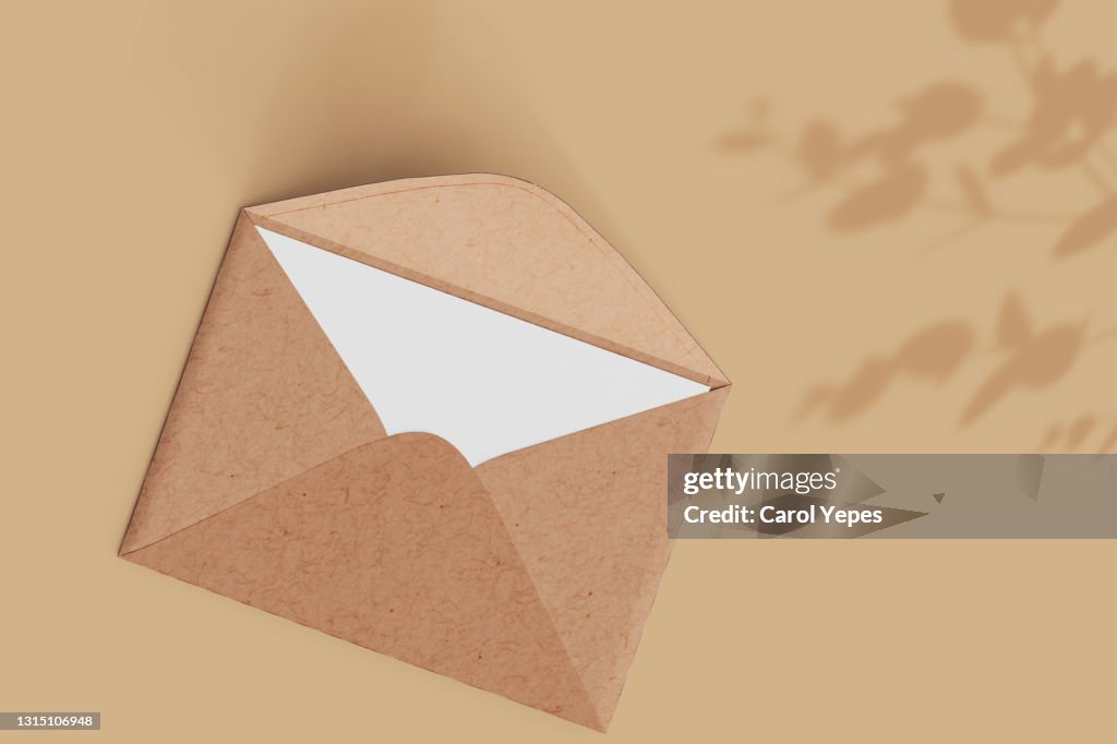 Opened brown envelope with blank card on beige background and shadow