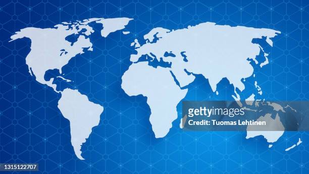 white transparent world map floating over abstract blue hexagonal blockchain pattern background. 4k resolution. - map of the world stock pictures, royalty-free photos & images