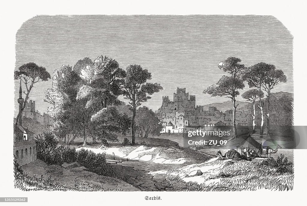 Medieval castles of Sardis (Sart, Turkey), wood engraving, published 1868