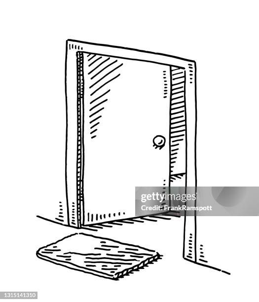 illustrazioni stock, clip art, cartoni animati e icone di tendenza di aprire la porta dell'appartamento e il disegno degli zerbini - zerbino