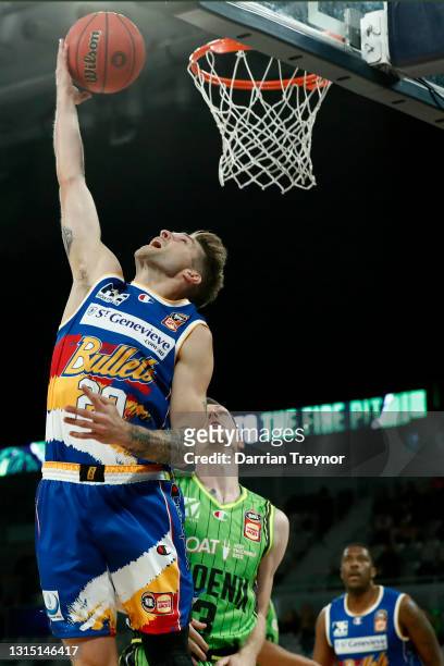 Nathan Sobey of the Bullets drives to the basket during the round 16 NBL match between the South East Melbourne Phoenix and the Brisbane Bullets at...