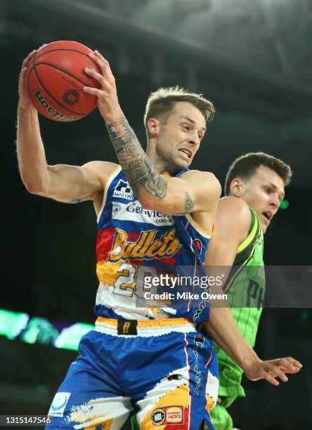 Nathan Sobey of the Bullets grabs the rebound during the round 16 NBL match between the South East Melbourne Phoenix and the Brisbane Bullets and...