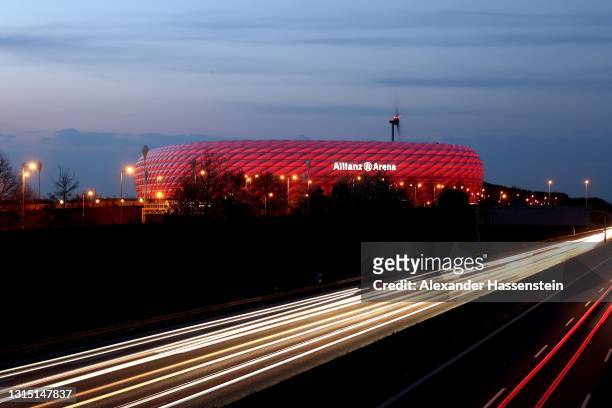 General view at Allianz Arena on April 28, 2021 in Munich, Germany.