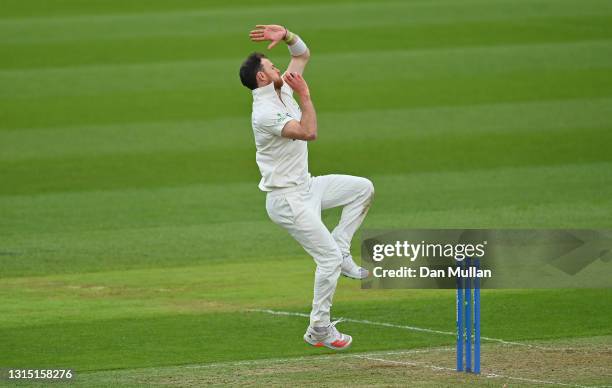 James Harris of Glamorgan bowls during day one of the LV= County Championship match between Glamorgan and Kent at Sophia Gardens on April 29, 2021 in...