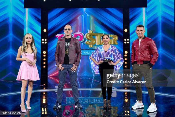 Danna Paola, Risto Mejide, Isabel Pantoja and Jesus Vazquez attend 'Top Star ¿Cuanto Vale Tu Voz?' photocall at Mediaset Studios on April 29, 2021 in...